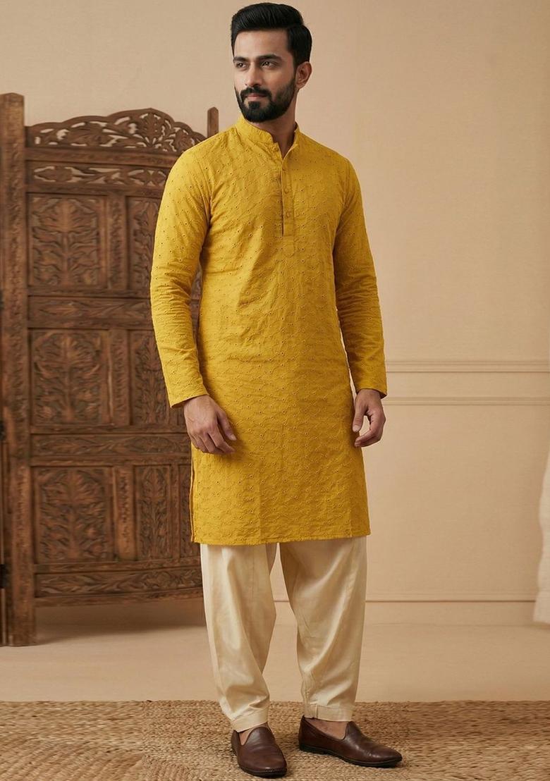 Yellow Embroidered Cotton Kurta Set For Men - Indya