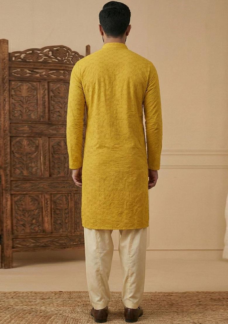 Yellow Embroidered Cotton Kurta Set For Men - Indya