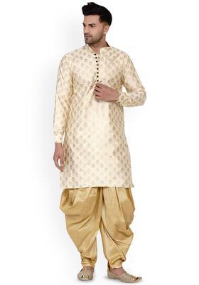 Beige Solid Silk Kurta Set For Men