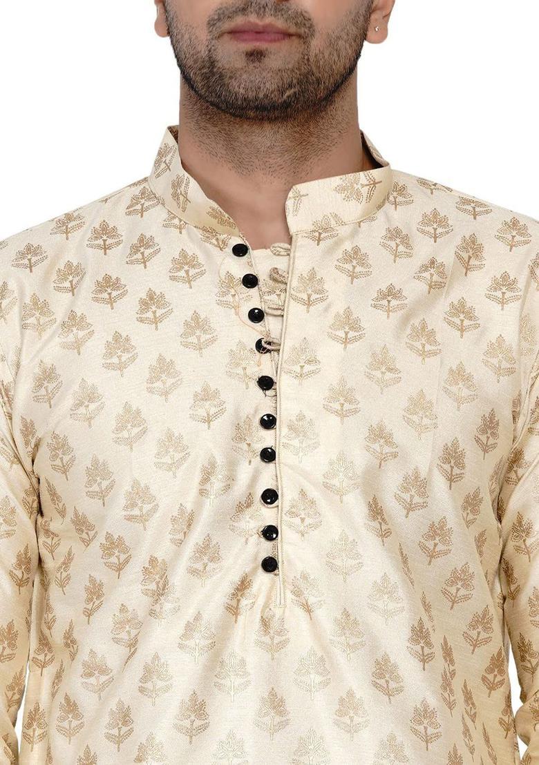 Beige Solid Silk Kurta Set For Men - Indya