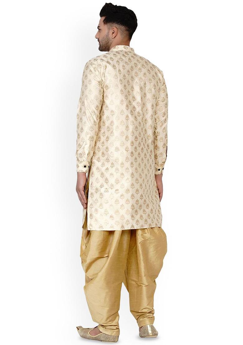 Beige Solid Silk Kurta Set For Men - Indya