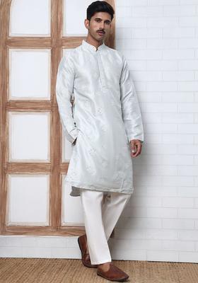 White Embroidered Silk Kurta Set For Men
