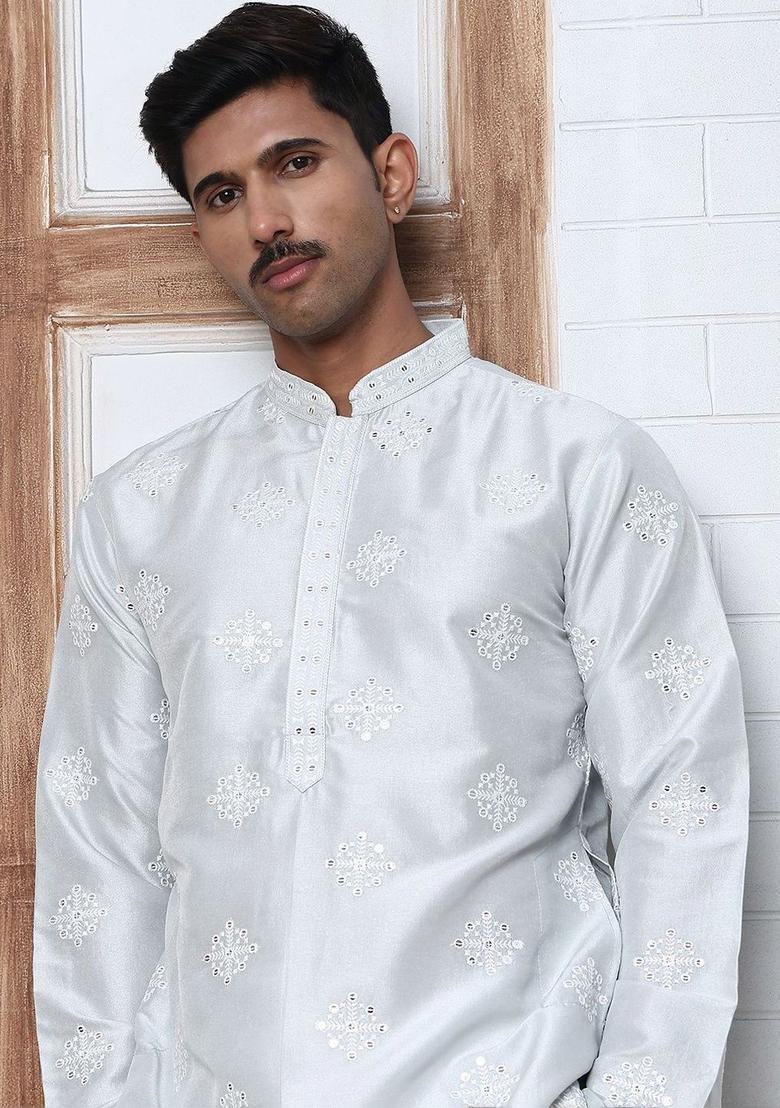 White Embroidered Silk Kurta Set For Men - Indya
