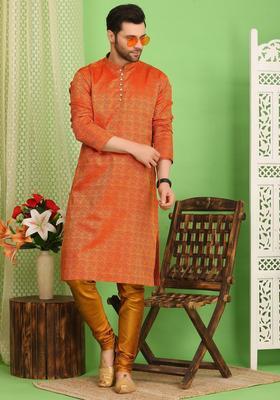 Orange Woven Design Cotton Kurta Set For Men