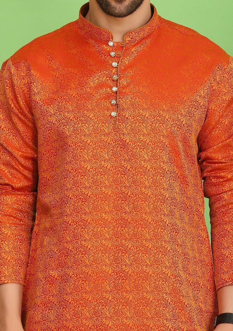 Orange Woven Design Cotton Kurta Set For Men - Indya