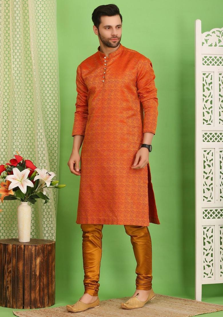 Orange Woven Design Cotton Kurta Set For Men - Indya