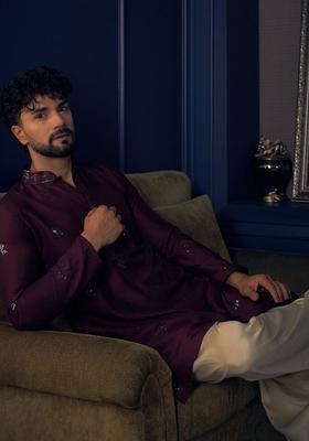Maroon Embroidered Silk Kurta Set For Men