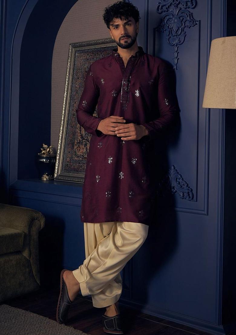 Maroon Embroidered Silk Kurta Set For Men - Indya