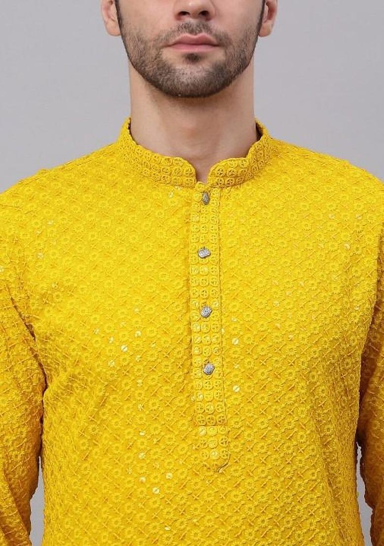 Yellow Embroidered Polyester Kurta Set For Men - Indya