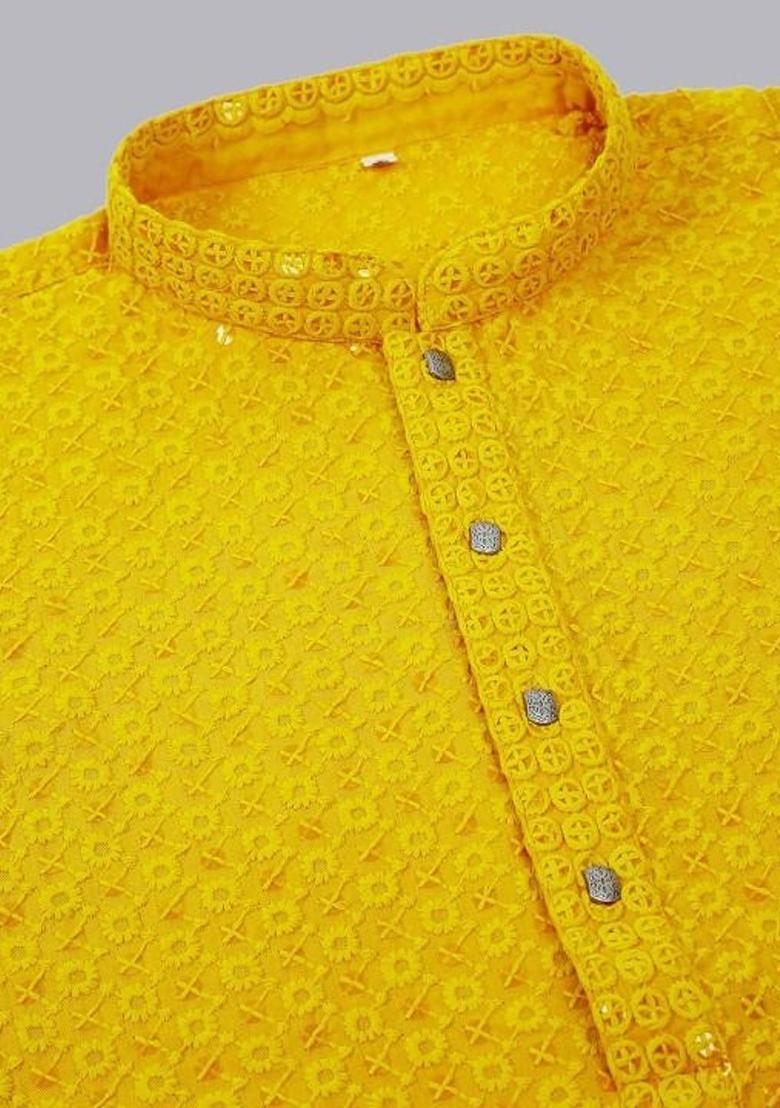 Yellow Embroidered Polyester Kurta Set For Men - Indya