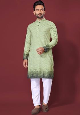Green Printed Viscose Kurta Set For Men