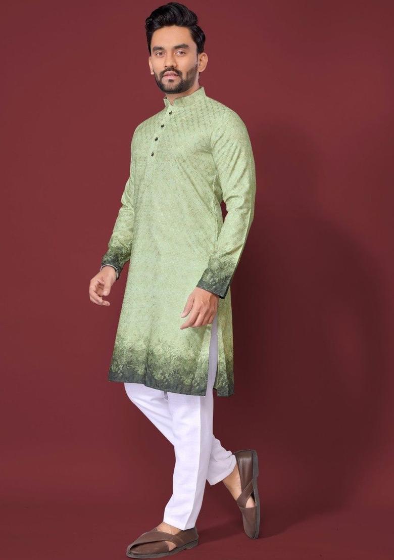 Green Printed Viscose Kurta Set For Men - Indya
