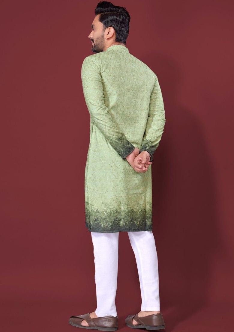 Green Printed Viscose Kurta Set For Men - Indya
