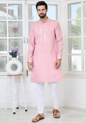 Pink Embroidered Cotton Kurta Set For Men