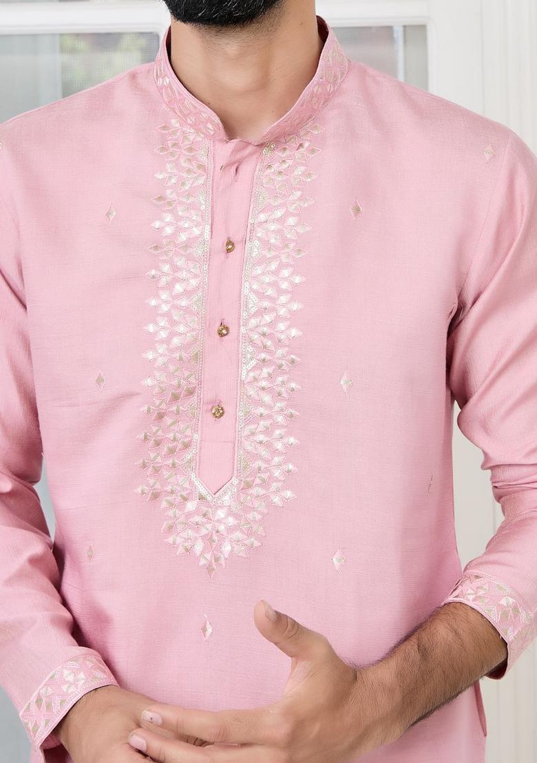 Pink Embroidered Cotton Kurta Set For Men - Indya