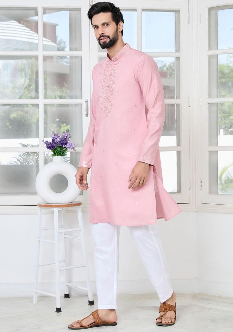 Pink Embroidered Cotton Kurta Set For Men - Indya