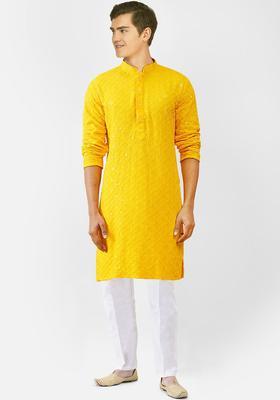 Yellow Embroidered Silk Kurta Set For Men