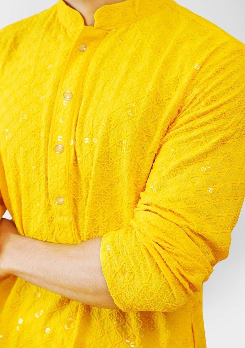 Yellow Embroidered Silk Kurta Set For Men - Indya