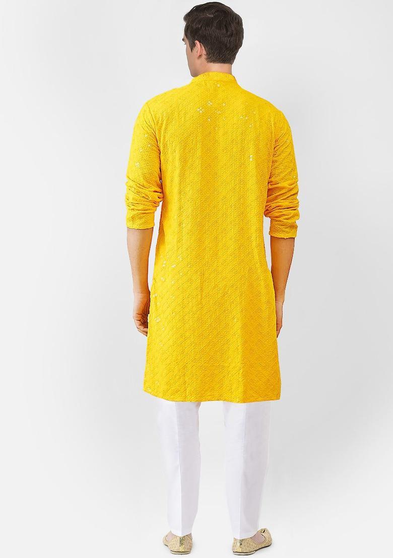 Yellow Embroidered Silk Kurta Set For Men - Indya