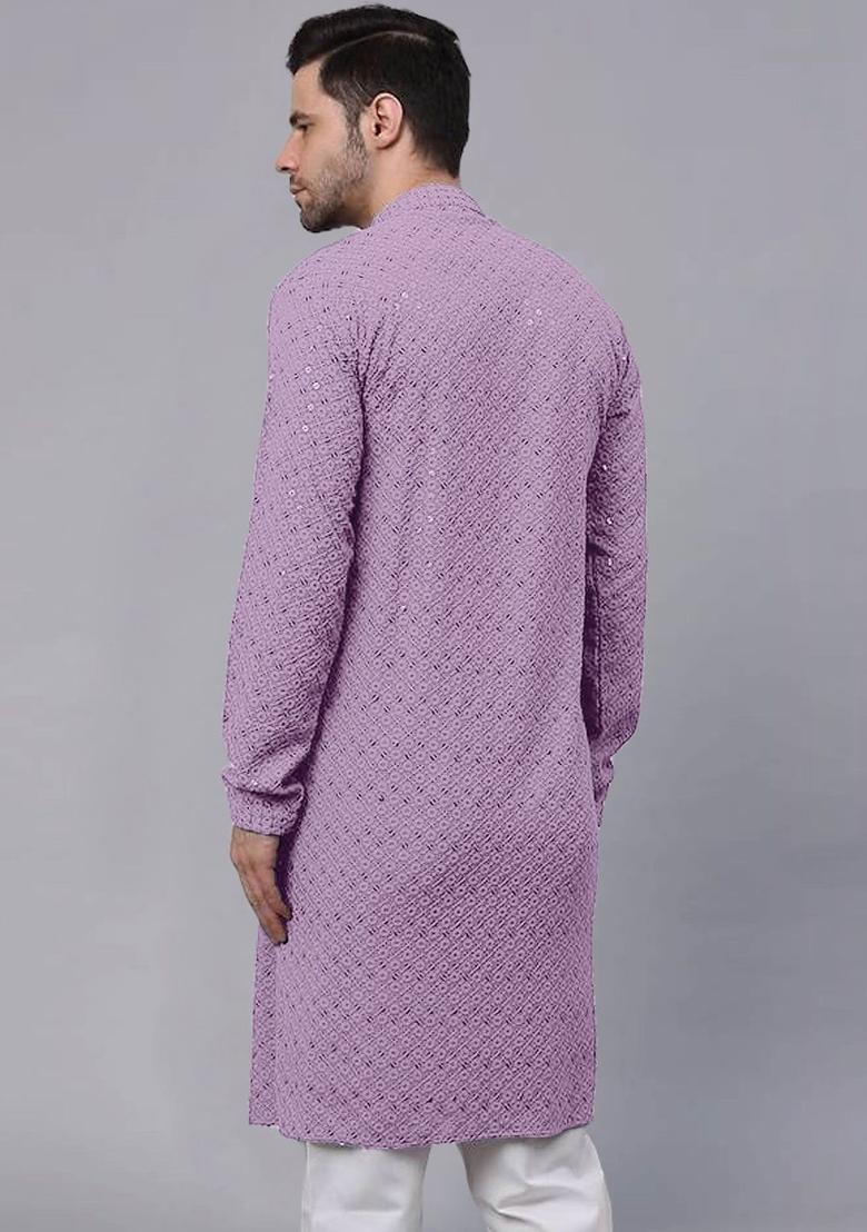 Lavender Self Design Viscose Kurta Set For Men - Indya