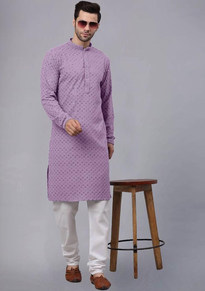 Lavender Self Design Viscose Kurta Set For Men - Indya