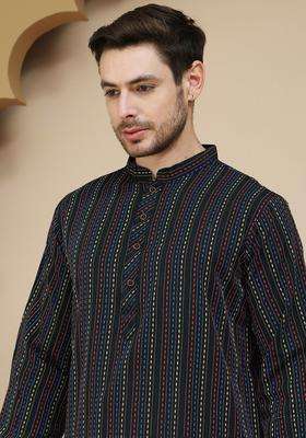 Black Striped Cotton Kurta Set For Men