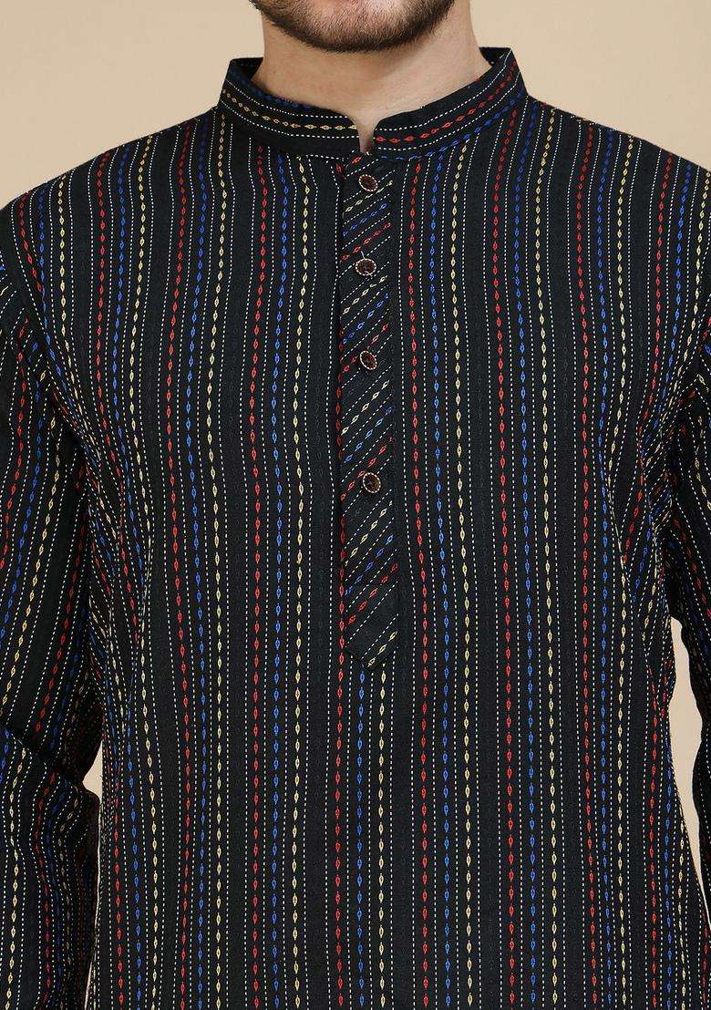 Black Striped Cotton Kurta Set For Men - Indya