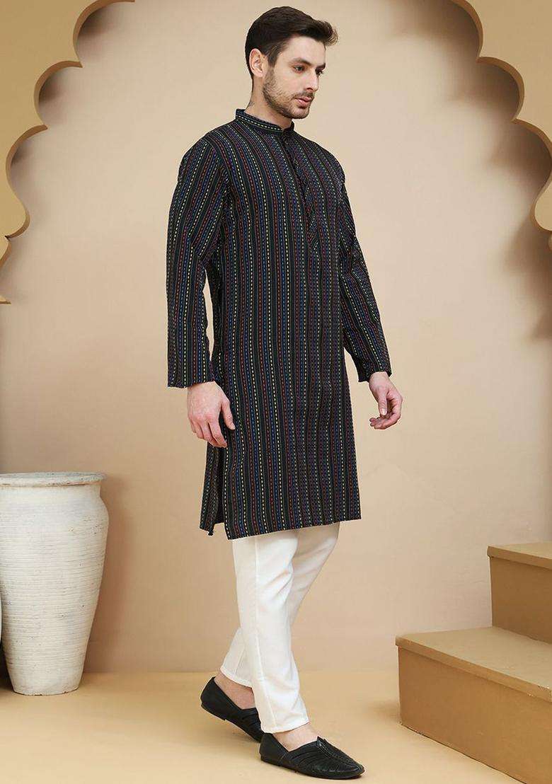 Black Striped Cotton Kurta Set For Men - Indya