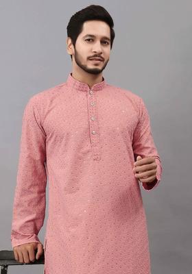 Peach Embroidered Cotton Kurta Set For Men