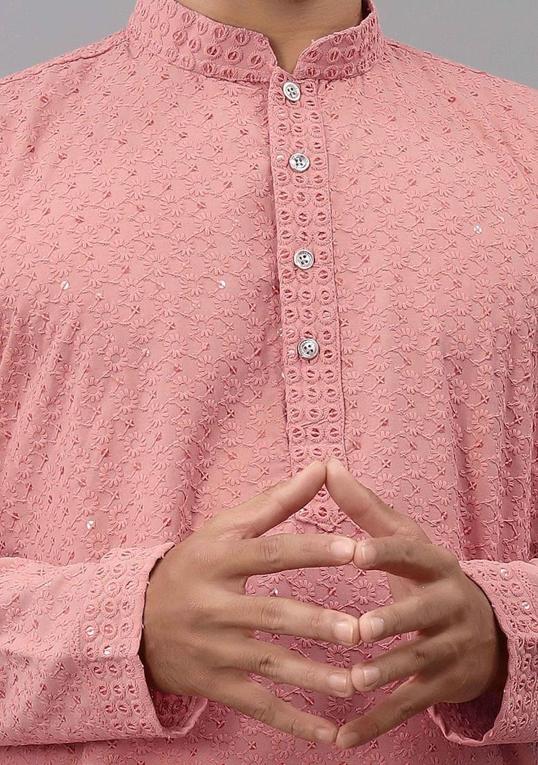 Peach Embroidered Cotton Kurta Set For Men - Indya