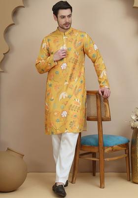 Mustard Printed Cotton Kurta Set For Men