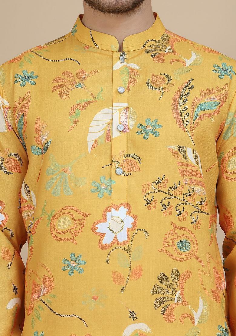 Mustard Printed Cotton Kurta Set For Men - Indya