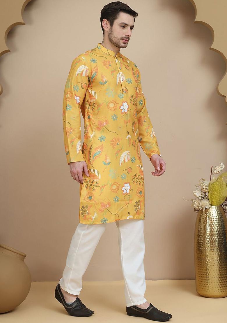 Mustard Printed Cotton Kurta Set For Men - Indya