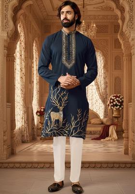 Navy Blue Embroidered Polyester Kurta Set For Men