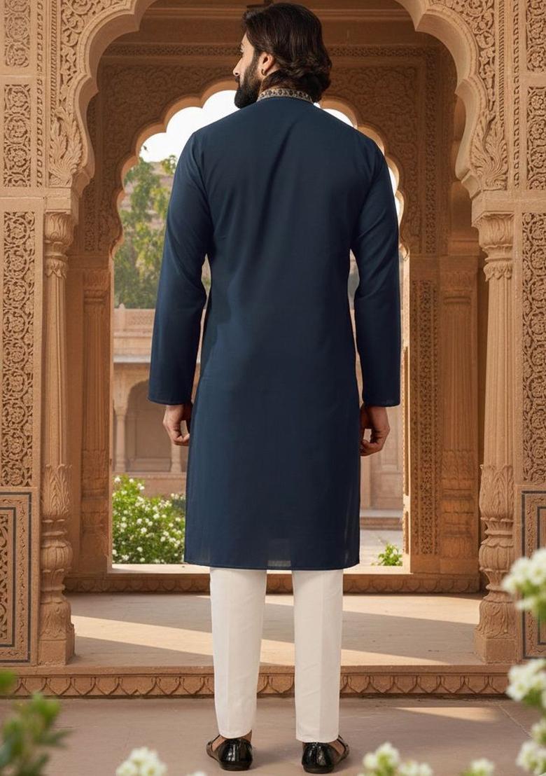Navy Blue Embroidered Polyester Kurta Set For Men - Indya