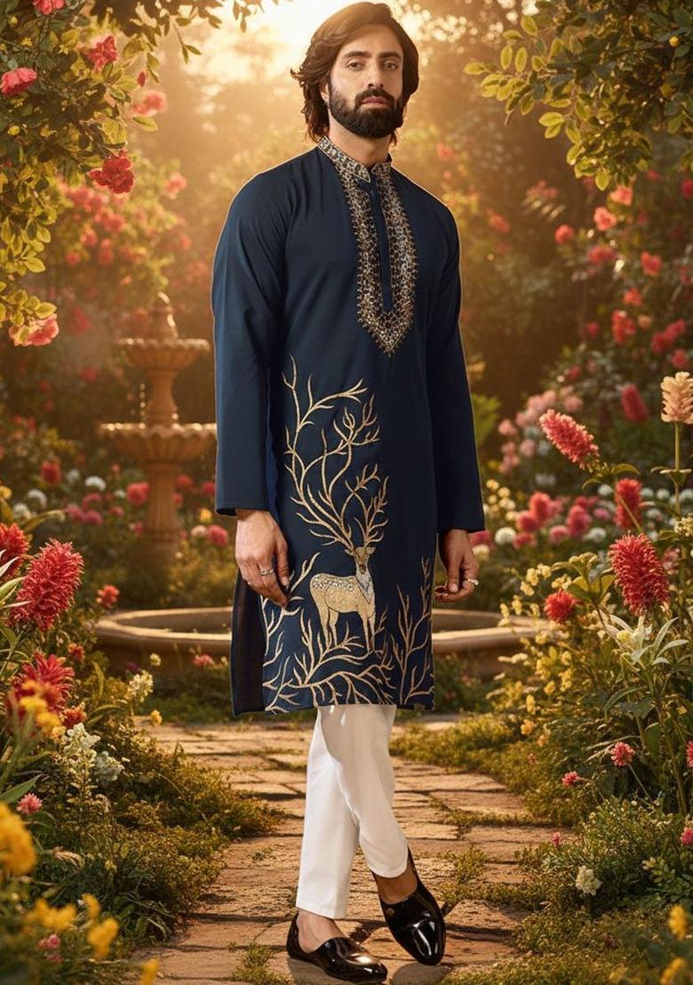 Navy Blue Embroidered Polyester Kurta Set For Men - Indya