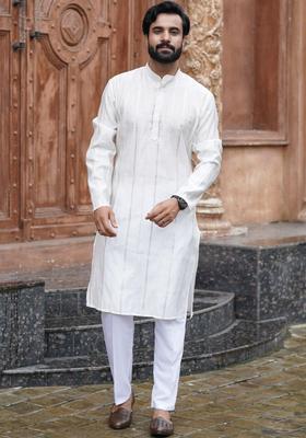 White Embroidered Silk Kurta Set For Men