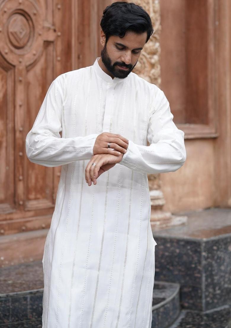 White Embroidered Silk Kurta Set For Men - Indya
