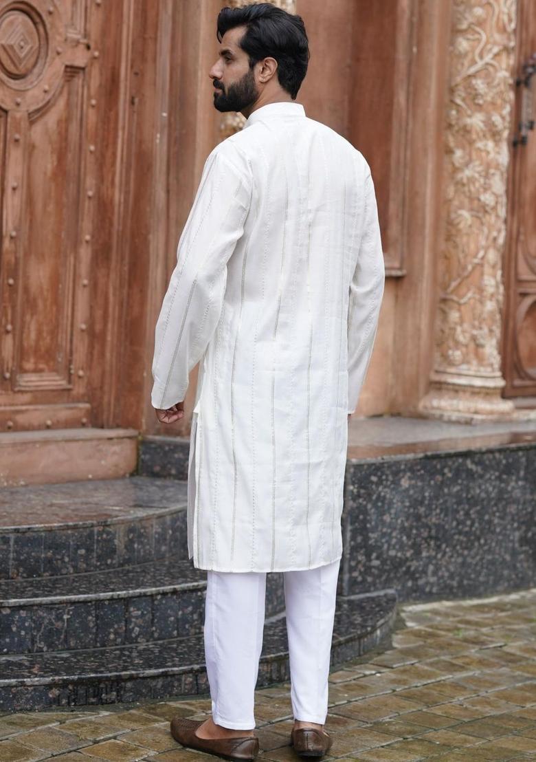 White Embroidered Silk Kurta Set For Men - Indya