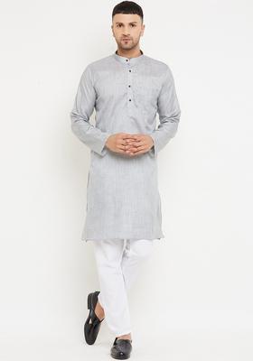 Silver Solid Silk Kurta Set For Men