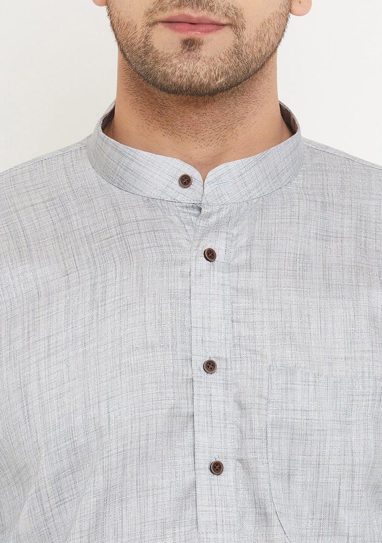 Silver Solid Silk Kurta Set For Men - Indya