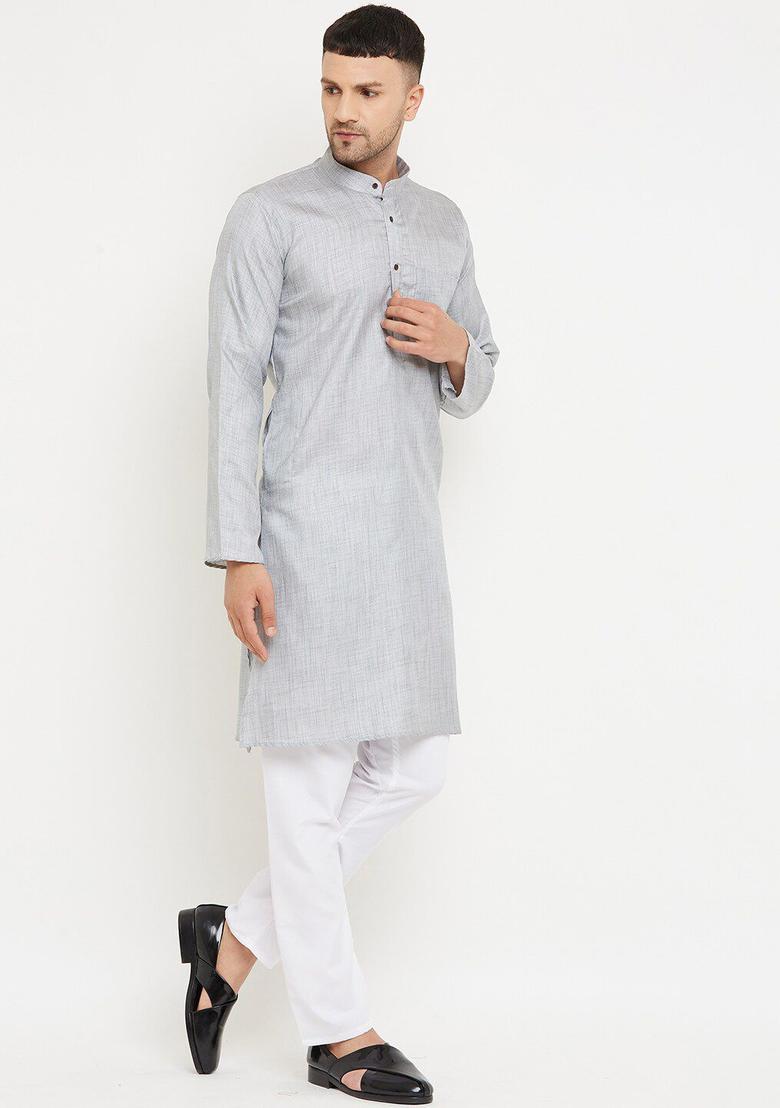 Silver Solid Silk Kurta Set For Men - Indya