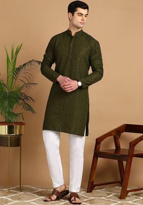 Olive Self Design Cotton Kurta Set For Men