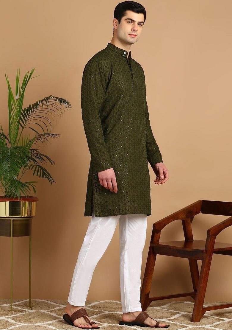 Olive Self Design Cotton Kurta Set For Men - Indya