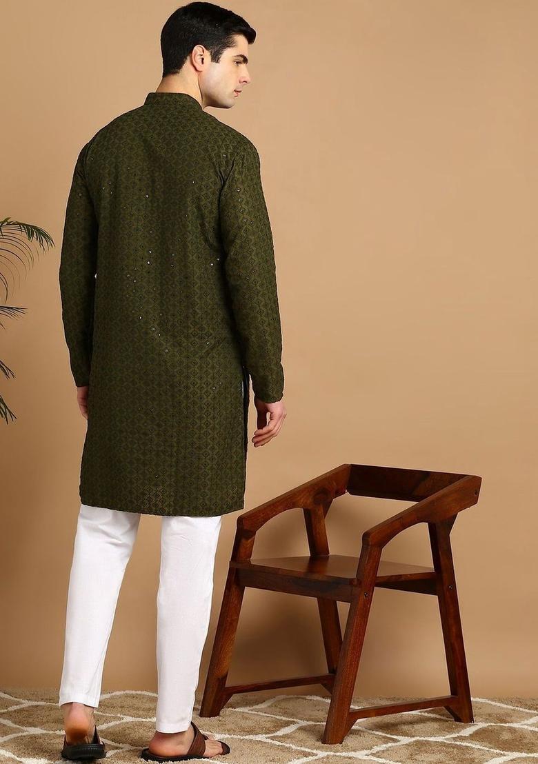 Olive Self Design Cotton Kurta Set For Men - Indya