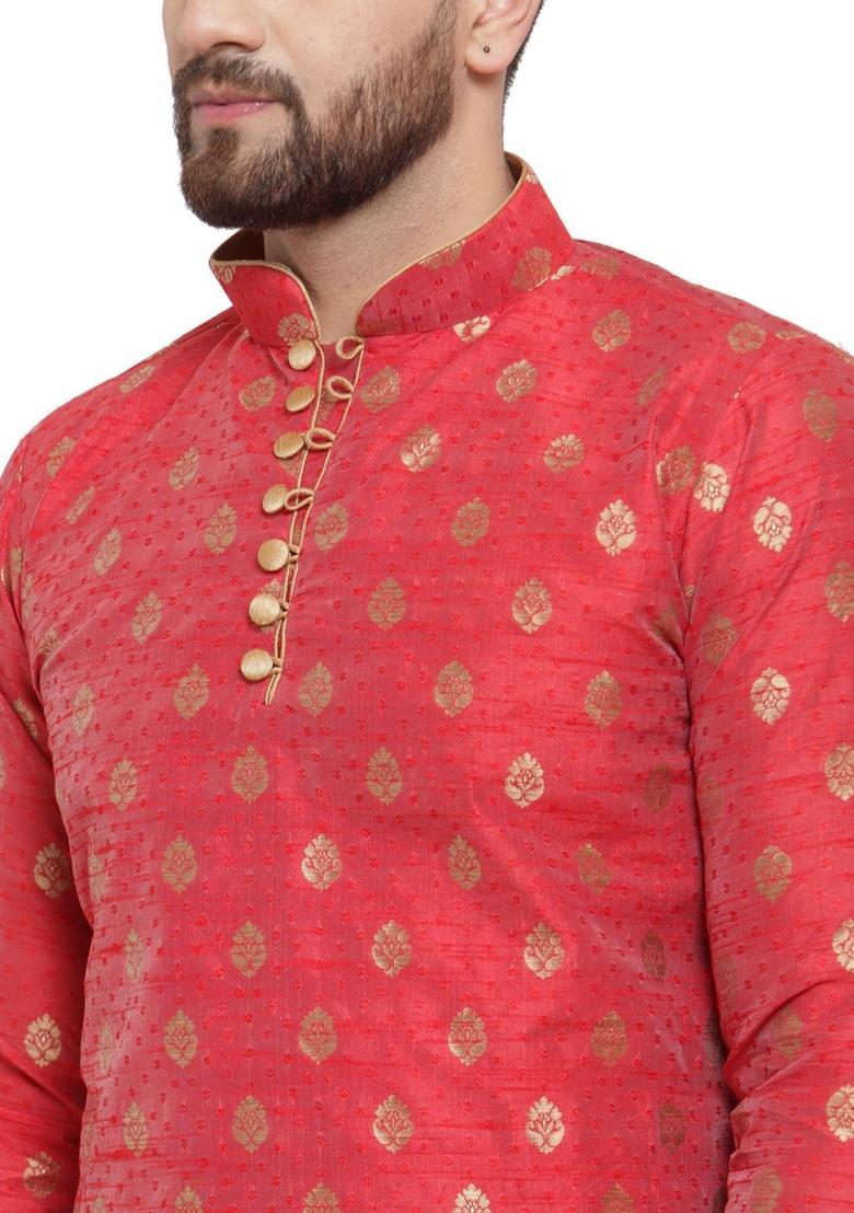 Maroon Woven Design Silk Kurta Set For Men - Indya