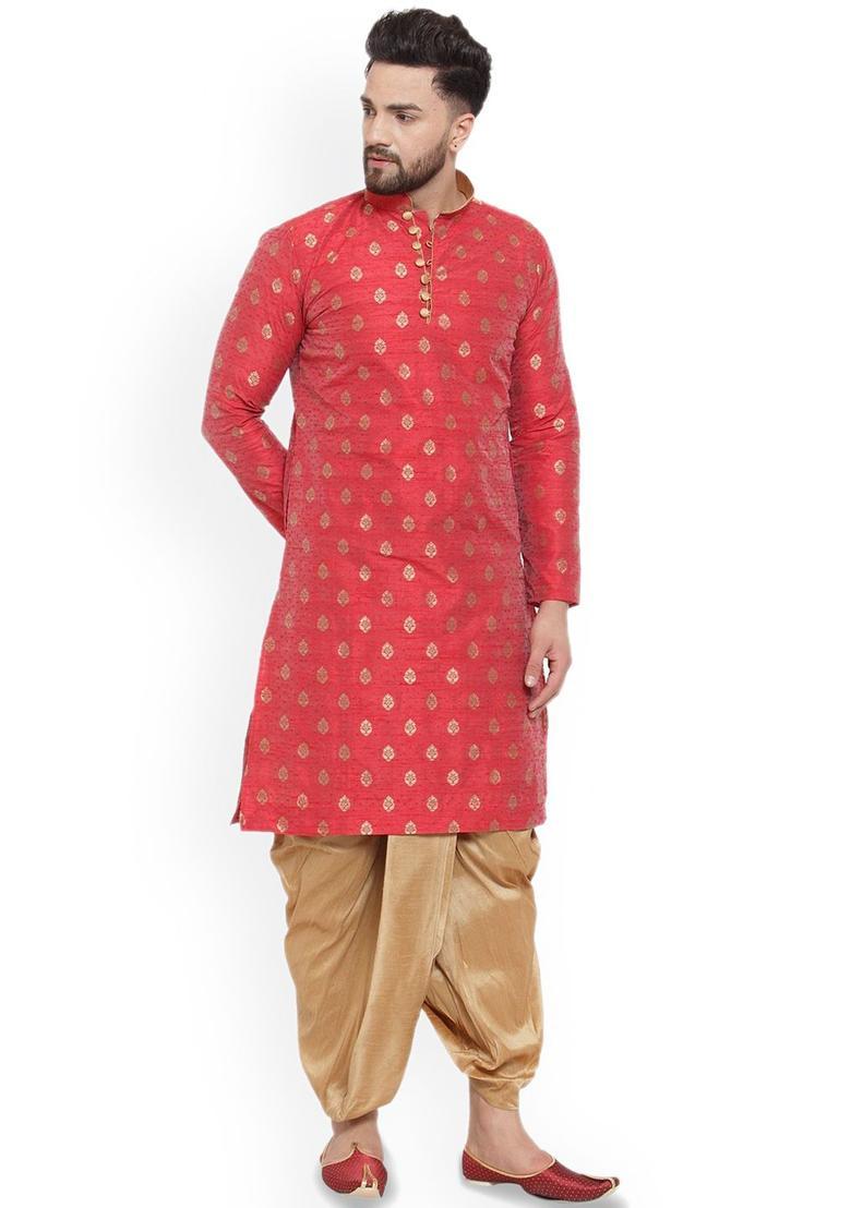 Maroon Woven Design Silk Kurta Set For Men - Indya