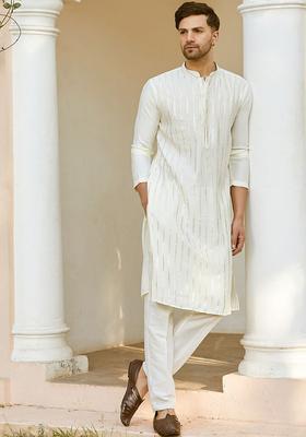 Off White Embroidered Cotton Kurta Set For Men