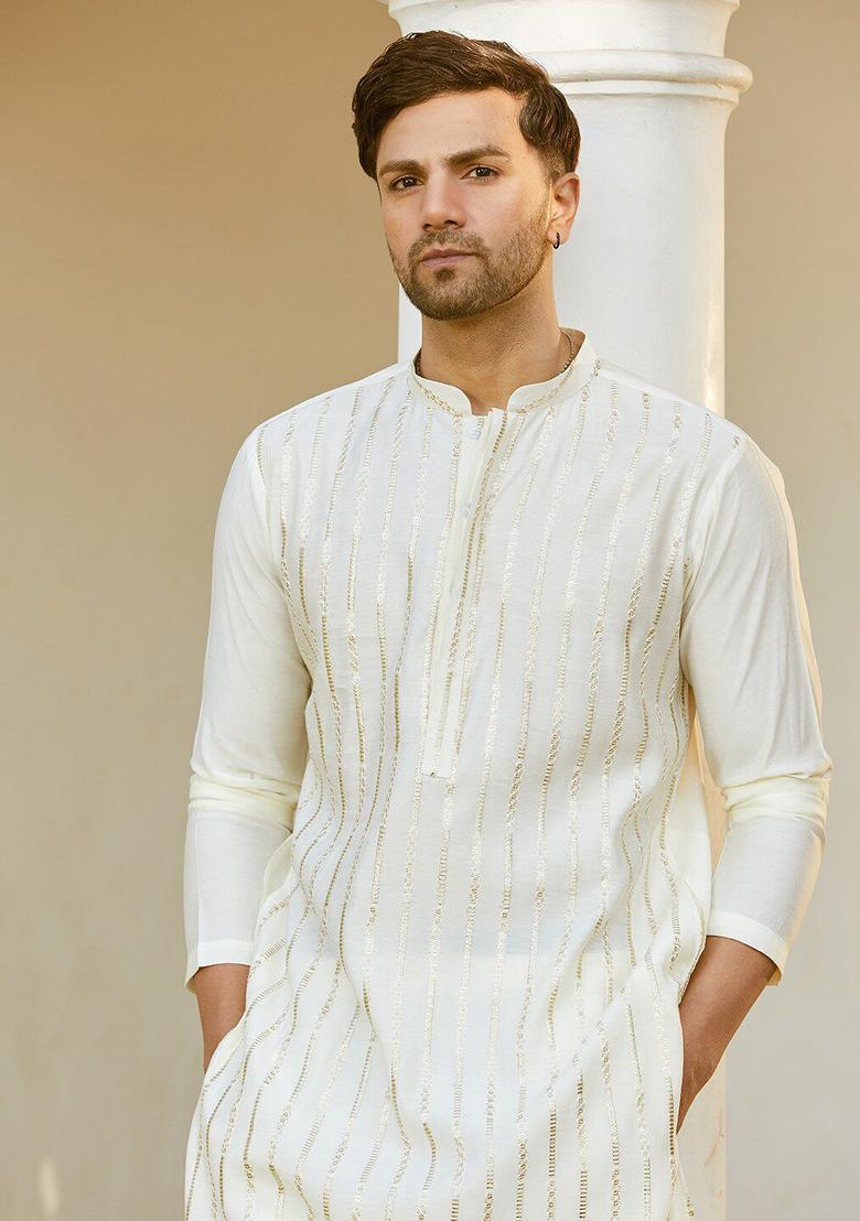 Off White Embroidered Cotton Kurta Set For Men - Indya