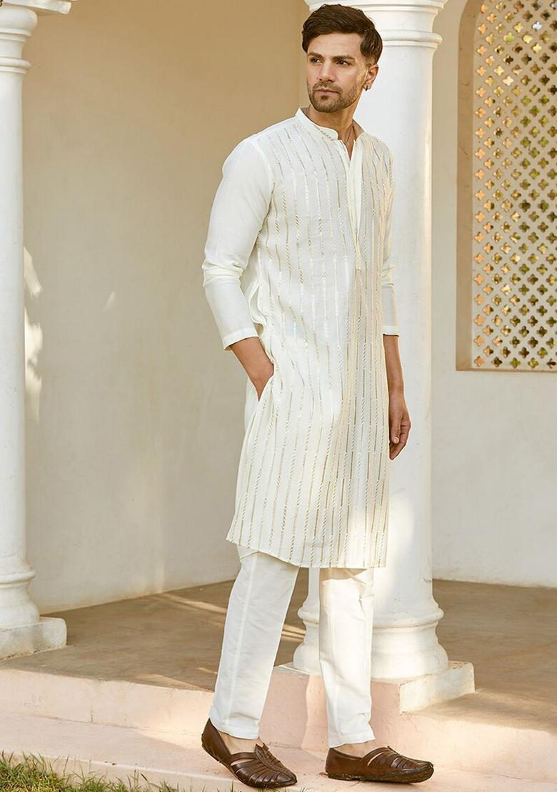 Off White Embroidered Cotton Kurta Set For Men - Indya